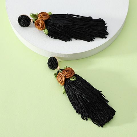 1 Pair Retro Ethnic Style Bohemian Flower Beaded Tassel Cotton Thread Drop Earrings