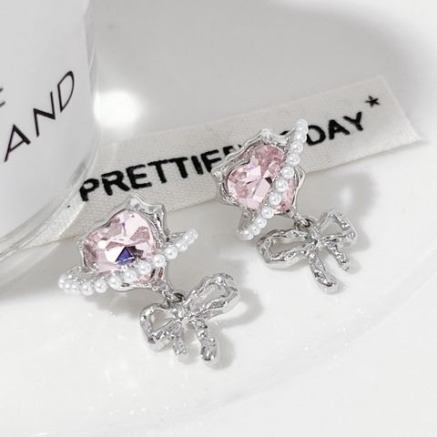 1 Pair Ig Style Sweet Heart Shape Bow Knot Plating Inlay Alloy Rhinestones Pearl Drop Earrings