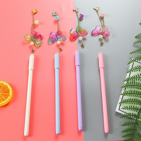 Good-looking Colorful Butterfly Hanging Pen Gold-plated Chain Pearl Accessories Pendant Gel Pen Cute Stationery Student Ball Pen