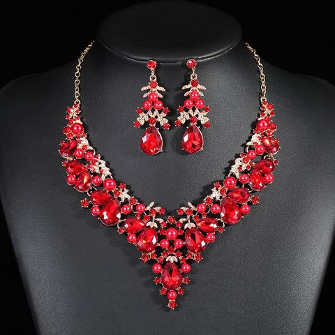 Luxurious Geometric Alloy Plating Inlay Artificial Pearls Rhinestones Glass Women's Earrings Necklace