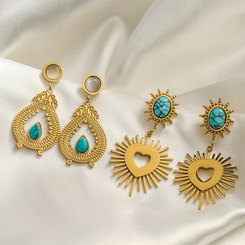 1 Pair Lady Streetwear Sun Heart Shape Plating Inlay 304 Stainless Steel Turquoise 18K Gold Plated Drop Earrings