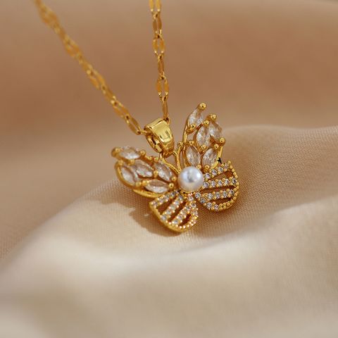 Sweet Simple Style Butterfly Titanium Steel Copper Plating Hollow Out Inlay Pearl Zircon Pendant Necklace
