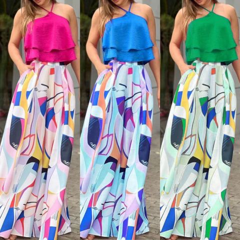 Women's Vacation Color Block Polyester Printing Pants Sets