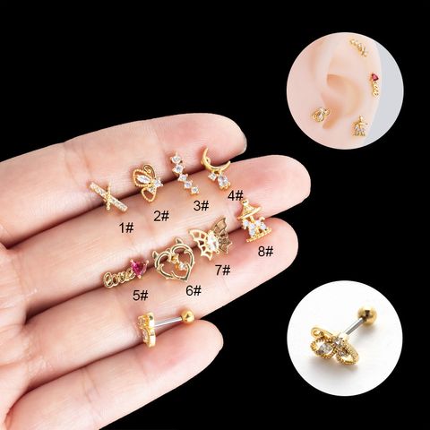 1 Piece Ear Cartilage Rings & Studs Streetwear Heart Shape Butterfly Copper Plating Inlay Zircon