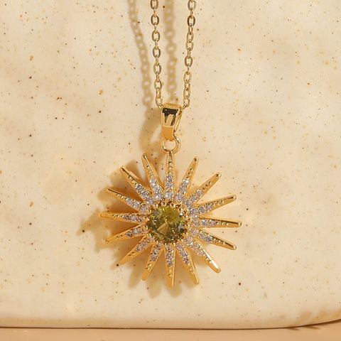 Classic Style Shiny Sun Copper 14k Gold Plated Zircon Pendant Necklace In Bulk