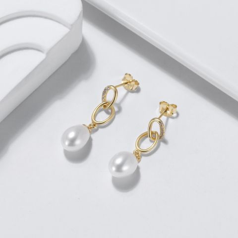 1 Pair Elegant Geometric Plating Inlay Freshwater Pearl Sterling Silver Zircon Drop Earrings