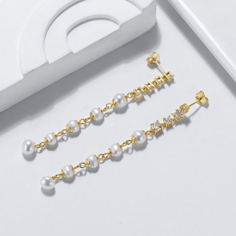 1 Pair Elegant Round Plating Inlay Freshwater Pearl Sterling Silver Zircon Drop Earrings