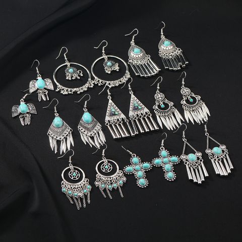 1 Pair Retro Ethnic Style Geometric Plating Inlay Alloy Turquoise Drop Earrings
