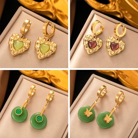 1 Pair IG Style Vintage Style Heart Shape Butterfly Plating Inlay 304 Stainless Steel Stone 18K Gold Plated Drop Earrings