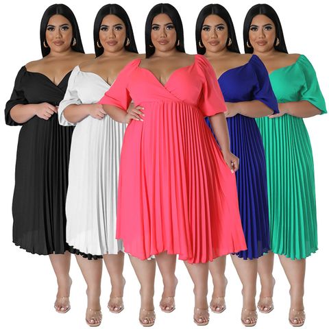 Pleated Skirt Streetwear V Neck Half Sleeve Solid Color Midi Dress Daily