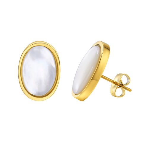 1 Pair Retro Oval Plating Inlay 201 Stainless Steel Natural Stone Shell Gold Plated Ear Studs