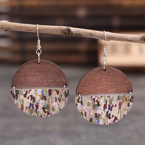 1 Pair Ethnic Style Semicircle Pu Leather Wood Drop Earrings