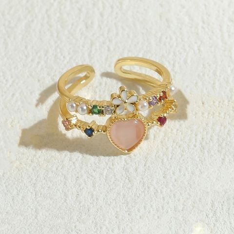 Elegant Sweet Heart Shape Copper Plating Inlay Opal Zircon 14k Gold Plated Open Rings