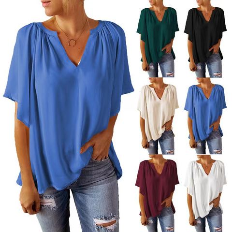 Women's Chiffon Shirt Short Sleeve Blouses Ruffles Casual Solid Color