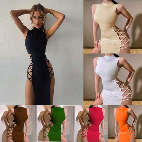 Women's Slit Dress Fashion Round Neck Sleeveless Solid Color Maxi Long Dress Daily