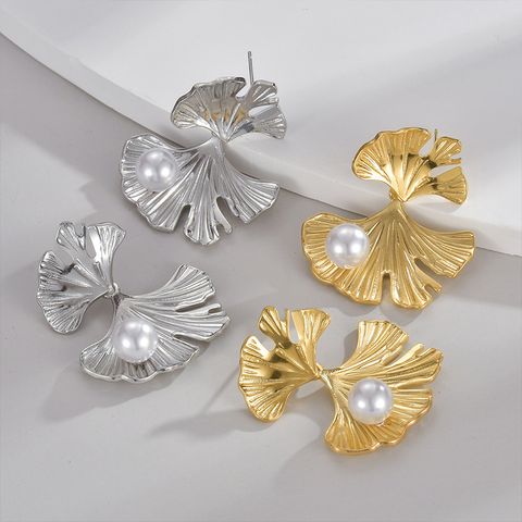 1 Pair Elegant Modern Style Ginkgo Leaf Plating Inlay 304 Stainless Steel Acrylic Imitation Pearl 18K Gold Plated Drop Earrings