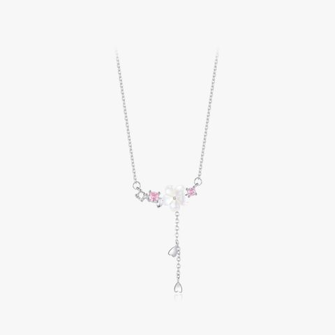 Elegant Simple Style Flower Sterling Silver Plating Three-dimensional Inlay Shell Zircon Rhodium Plated Pendant Necklace