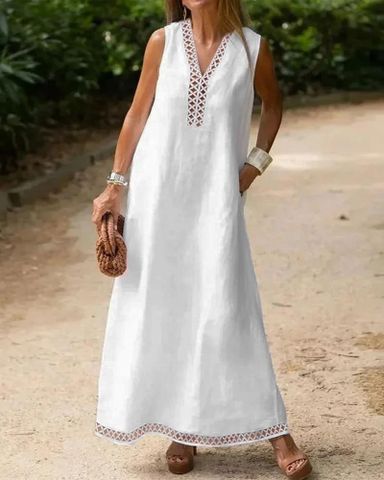 Women's Regular Dress Casual Vacation V Neck Sleeveless Solid Color Maxi Long Dress Holiday Daily