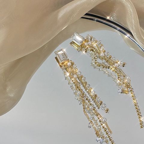 Sweet Flower Bow Knot Copper Artificial Rhinestones Artificial Pearls Drop Earrings 1 Pair