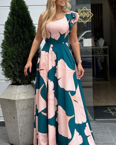 Women's Slit Dress Elegant Oblique Collar Printing Sleeveless Ginkgo Leaf Maxi Long Dress Banquet