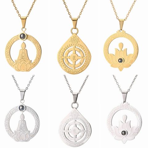 Casual Hip-hop Buddha Lotus Stainless Steel Hollow Out Inlay Glass Stone Pendant Necklace
