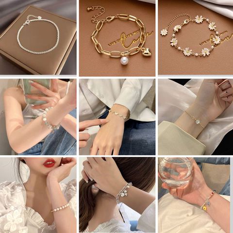 Sweet Simple Style Bear Heart Shape Flower Imitation Pearl Alloy Charm Inlay Moonstone Opal Women's Bracelets