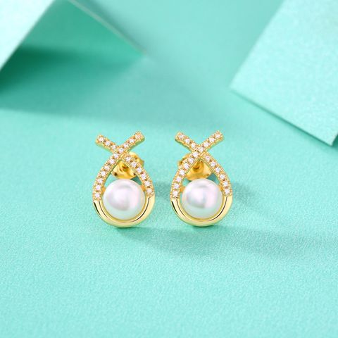 1 Pair Sweet Water Droplets Inlay Sterling Silver Artificial Diamond Freshwater Pearl Ear Studs