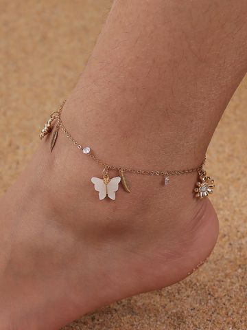 Elegant Beach Modern Style Chrysanthemum Butterfly Alloy Inlay Artificial Rhinestones Women's Anklet