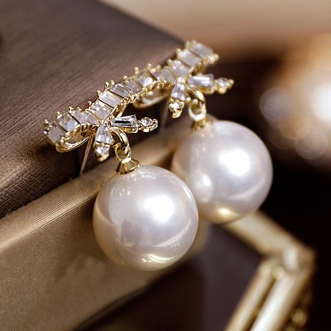 1 Pair Elegant Bow Knot Inlay Imitation Pearl Alloy Glass Drop Earrings