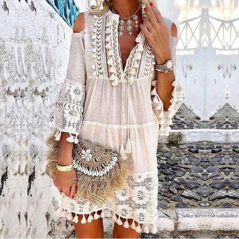 Women's Boho Dress Ethnic Style V Neck Tassel Hollow Out 3/4 Length Sleeve Solid Color Above Knee Travel