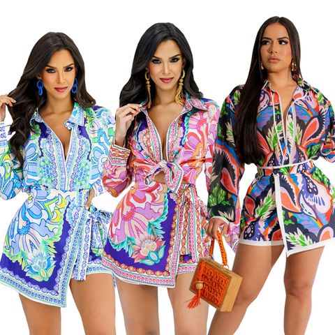 Women's Casual Printing 4-way Stretch Fabric Spandex Polyester Printing Button Shorts Sets