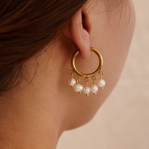 1 Pair Elegant Bohemian Roman Style Circle Plating 201 Stainless Steel Freshwater Pearl 18K Gold Plated Drop Earrings