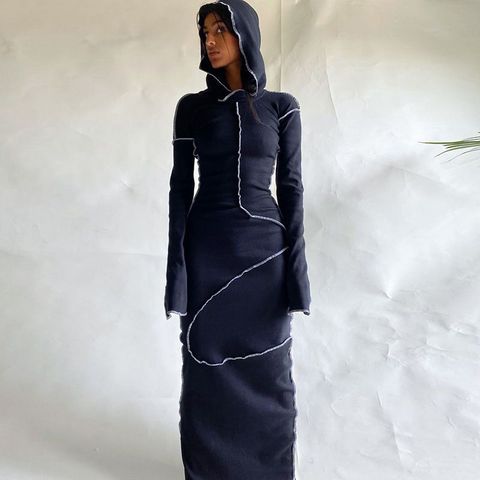 Women's T Shirt Dress Casual Simple Style Hooded Washed Ruffle Hem Long Sleeve Solid Color Maxi Long Dress Daily Street