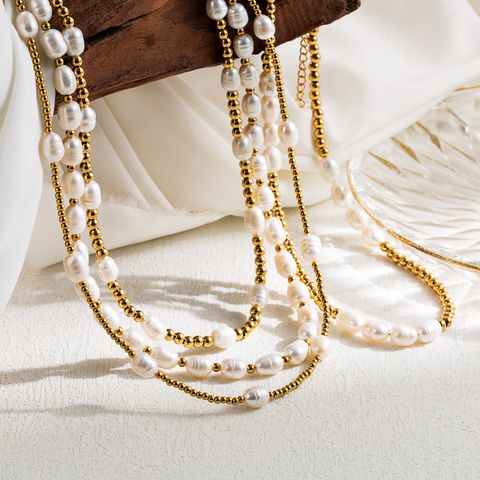 Ig-stil Süss Oval Rostfreier Stahl Süßwasserperle Perlen Handgemacht 18 Karat Vergoldet Halskette