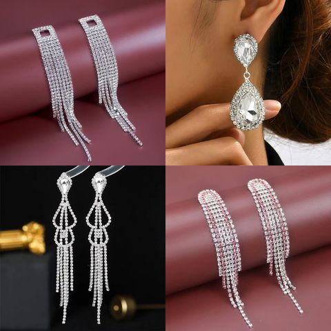 1 Pair Simple Style Korean Style Geometric Flower Inlay Alloy Rhinestones Drop Earrings