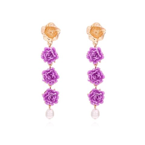 1 Pair Lady Flower Imitation Pearl Resin Catalpa Alloy Drop Earrings
