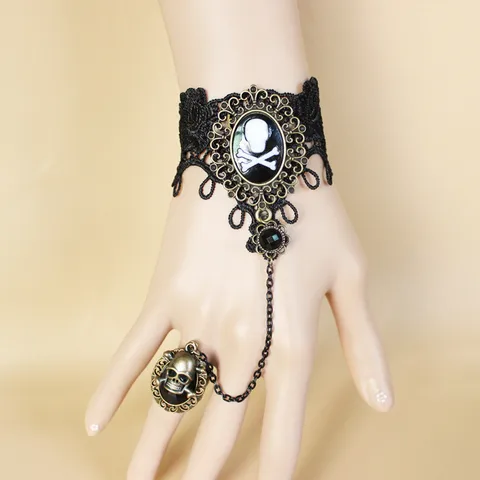 Retro Punk Skull Imitation Pearl Alloy Lace Wholesale Bracelets