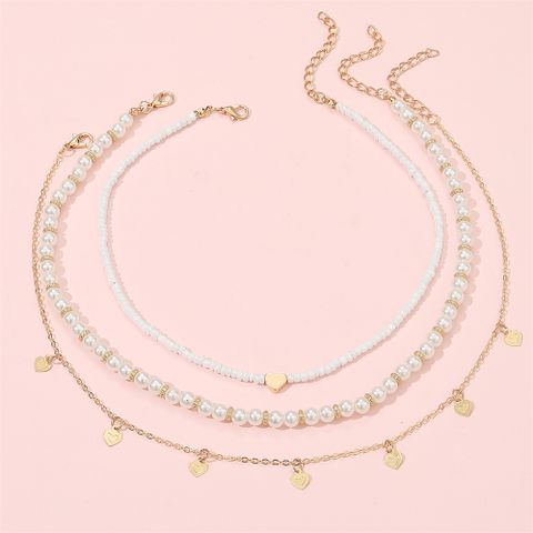 Cute Sweet Heart Shape Artificial Pearl Alloy Beaded Girl's Necklace