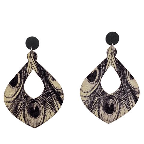 1 Pair Bohemian Water Droplets Feather Stoving Varnish Hollow Out Wood Drop Earrings