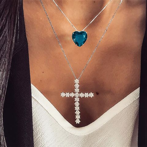 Modern Style Cross Heart Shape Alloy Plating Women's Double Layer Necklaces