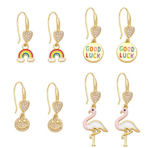 1 Pair Cute Sweet Simple Style Rainbow Flamingo Smiley Face Plating Inlay Copper Zircon 18k Gold Plated Drop Earrings