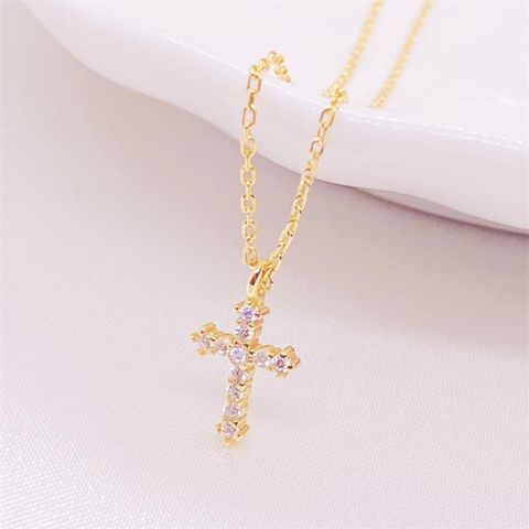 Simple Style Classic Style Cross Sterling Silver Inlay Zircon Pendant Necklace