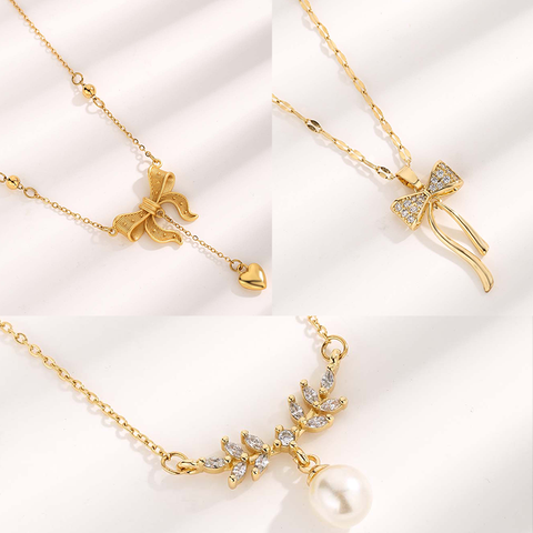 Cute Sweet Heart Shape Bow Knot Elk Titanium Steel Plating Inlay Resin Pearl Zircon Gold Plated Pendant Necklace