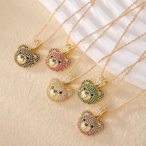 Wholesale Casual Cute Simple Style Little Bear Copper Inlay K Gold Plated Zircon Pendant Necklace