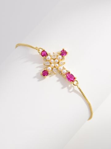 Elegant Cross Copper Gold Plated Artificial Pearls Zircon Bracelets In Bulk