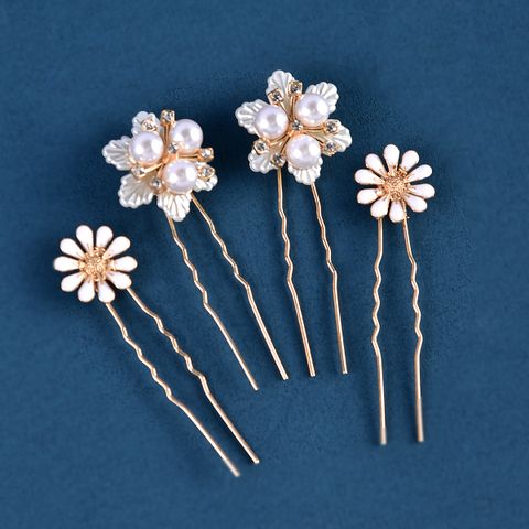Elegant Lady Bridal Flower Alloy Inlay Artificial Pearls Hairpin