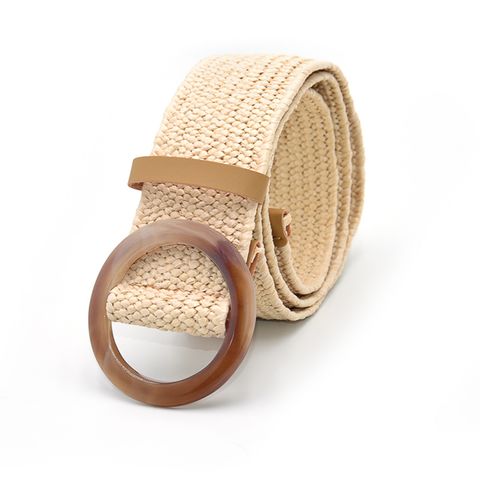 Simple Style Square Imitation Leather Wooden Buckle Woven Belt Women's Leather Belts