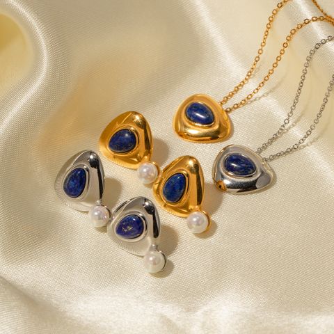 1 Pair Casual Elegant Triangle Plating Inlay Stainless Steel Artificial Pearls Lapis Lazuli 18k Gold Plated Ear Studs