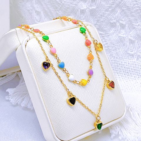 304 Stainless Steel 18K Gold Plated Simple Style Inlay Heart Shape Glass Stone Bracelets Necklace