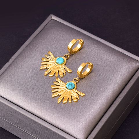 304 Stainless Steel 18K Gold Plated Retro Inlay Round Turquoise Glass Stone Earrings Necklace